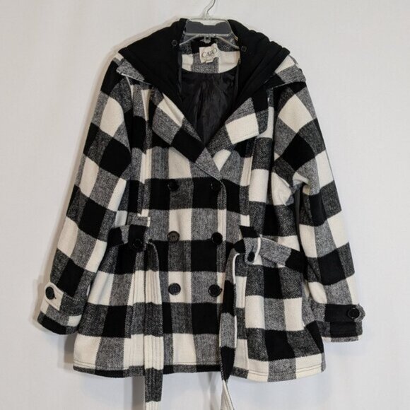 CATO Black/White Plaid Fleece Hooded Mid-Length Button Coat; Size 3X - Picture 1 of 6